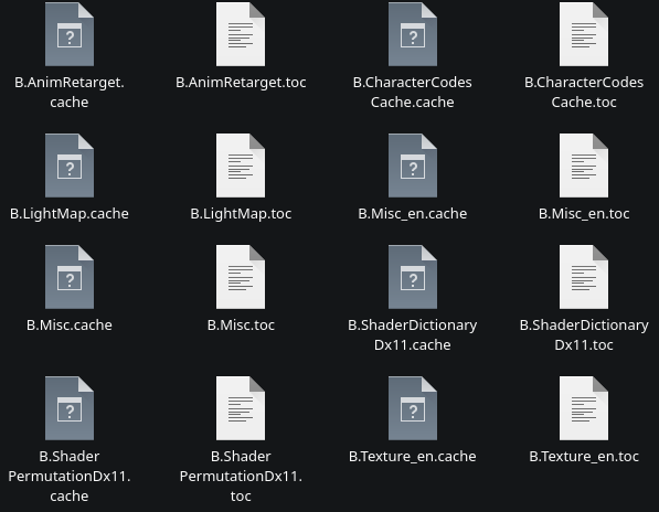 Install files, showcasing the TOC and Cache files